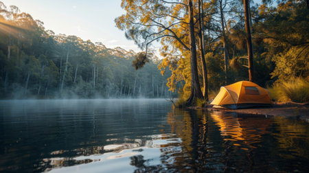 Tent Pitched on Lake Shoreの素材