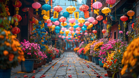 Street Adorned With Potted Plants and Hanging Lanternsの素材