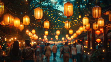 Group of People Walking Under Lantern-Lit Streetの素材