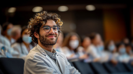Curly-Haired Man With Glasses Leading Groupの素材