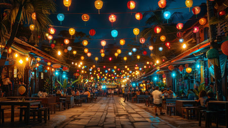 Vibrant City Street Illuminated With Colorful Lightsの素材