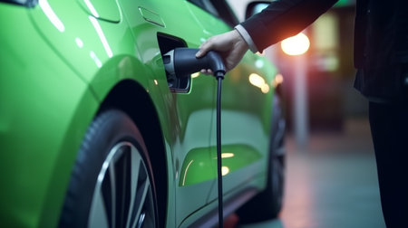Person charging an electric green carの素材