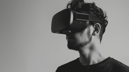 Man Experiencing Virtual Reality in Monochrome Settingの素材