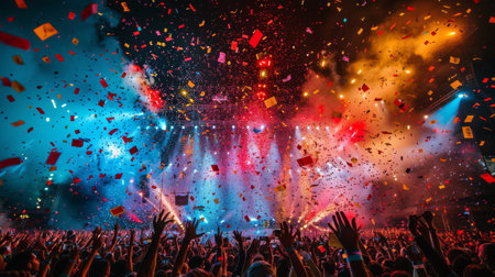 Excited Crowd at Concert Showered With Confetti and Streamersの素材