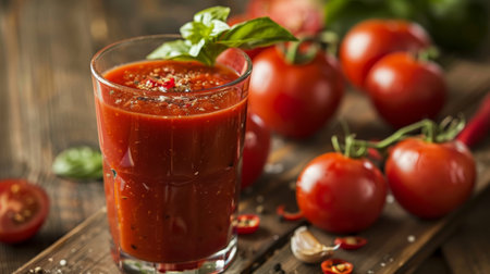 Glass of Tomato Juice on Wooden Tableの素材