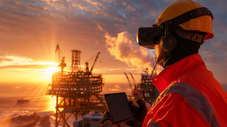 Offshore Oil Rig Worker at Sunriseの素材