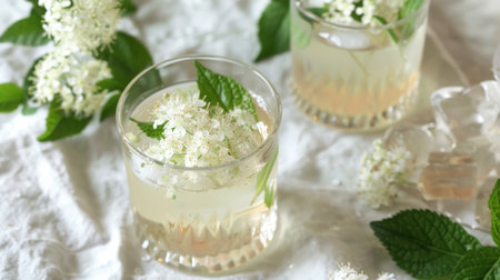 Two Glasses With White Flowers and Green Leavesの素材