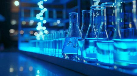 Blue-Lit Laboratory Glassware at Nightの素材