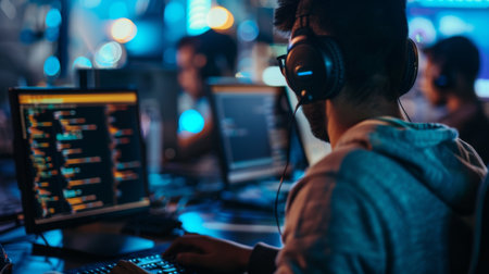 Man With Headphones Working at Computerの素材