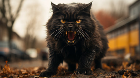 Black cat with yellow eyes growling outdoorsの素材