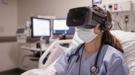 Woman in Hospital Room Wearing VR Headsetの素材