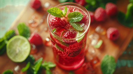 Raspberry Mojito in Glass on Cutting Boardの素材