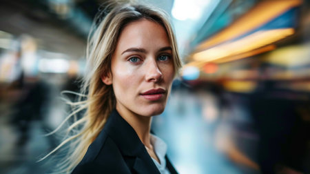 Blonde woman in urban motion blurの素材