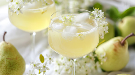 Three Glasses of White Wine With Pears and Flowersの素材