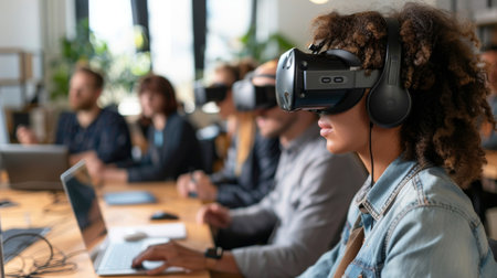 Group of People Sitting at Table With Virtual Headsetsの素材