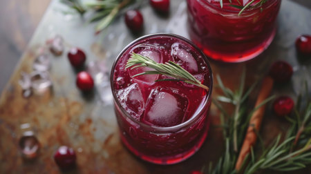 Two Glasses of Cranberry Punch With Rosemary Garnishの素材