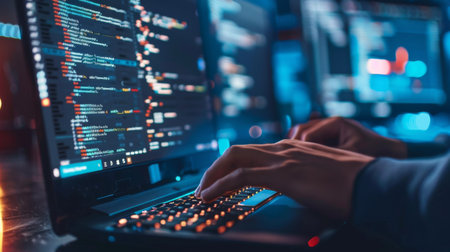 Person Typing on Laptop in Dark Roomの素材