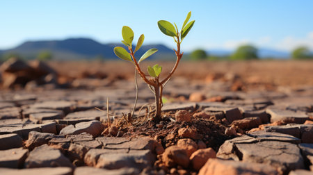 Young plant growing in cracked soilの素材