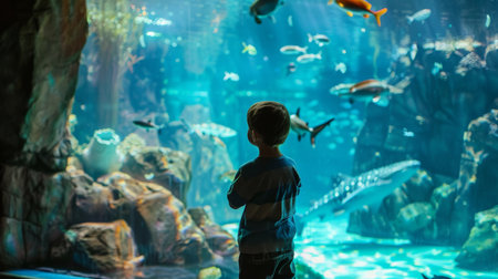 Boy Observing Fish at Aquariumの素材