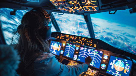 Woman Sitting in Cockpit of Planeの素材