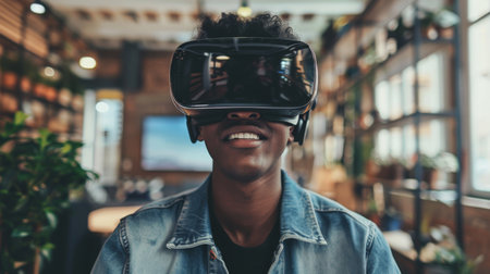 Man Experiencing Virtual Reality in a Cafe During Daytimeの素材