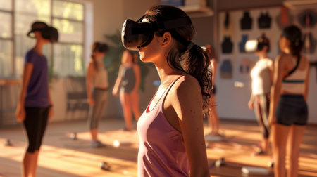 Group of People Using Virtual Headsets in Roomの素材