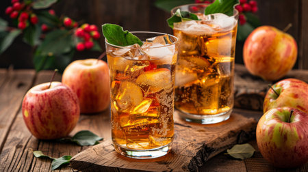Two Glasses of Apple Cider on Wooden Tableの素材