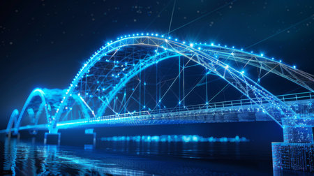 Vibrant Blue Lighted Bridge at Nightの素材