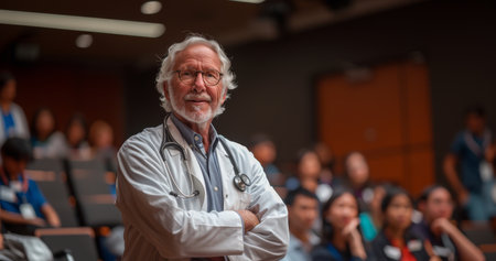 Man With Stethoscope Addressing Crowdの素材