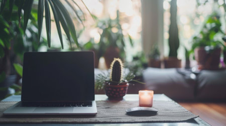 Laptop on a Wooden Desk With a Cactus and a Candleの素材