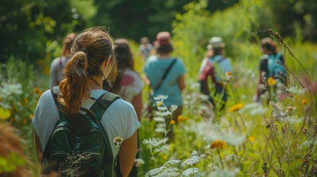 Woman Hiking Through Summer Wildflowersの素材