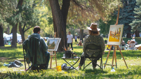Two Artists Painting in a Parkの素材