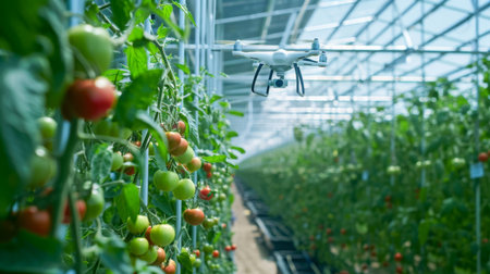 Drone Flying Over Tomato Plants in Greenhouseの素材