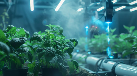 Plants Growing Under Artificial Lights in a Hydroponic Systemの素材