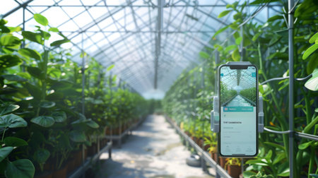 Smartphone Monitoring Plants in Greenhouseの素材