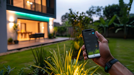 Person Using Smartphone App to Control Home Lighting at Nightの素材