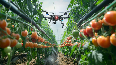 Drone Spraying Tomato Plants in Greenhouseの素材