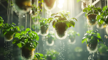Hanging Plants Being Sprinkled With Waterの素材