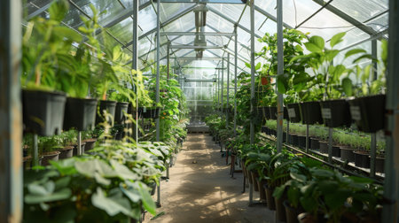 Greenhouse Plants Growing in Potsの素材