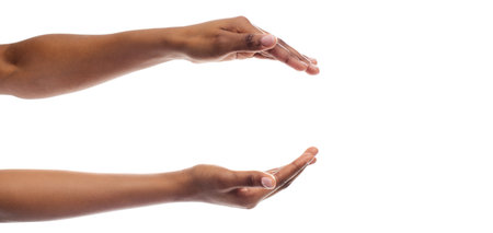 Black Womans Hands Holding Something Isolated On White Backgroundの写真素材