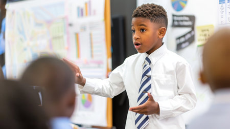 Young Student Presenting in Classroom During School Dayの素材