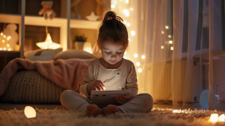 Young Child Engaged With Tablet in Cozy Room With Soft Lightingの素材