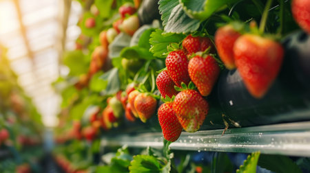 Ripe Strawberries Growing in a Greenhouseの素材