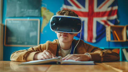 Student Engaged in Virtual Reality Learning in Classroom With British Flagの素材
