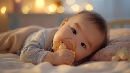 Baby Crawling on Bed With Toy in Soft Lighting at Homeの素材
