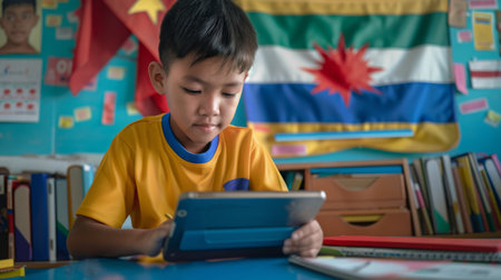 Young Student Engaged With Tablet in Bright Classroom With Flags on Displayの素材