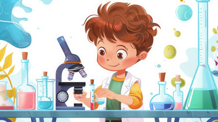 Young Scientist Conducting Experiments in a Colorful Laboratory Settingの素材