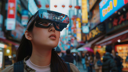 Young Woman Wearing Augmented Reality Glasses in Busy City Street at Nightの素材