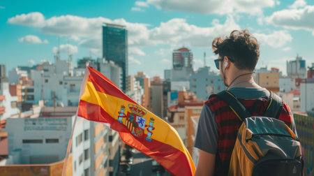 Young Man Holding Spanish Flag Overlooking Cityscape on a Sunny Dayの素材