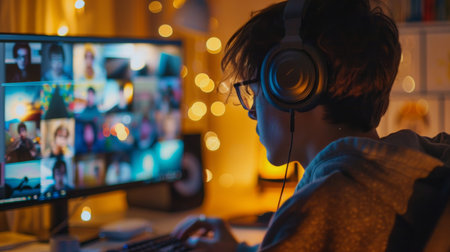 Teen Using Headphones While Participating in Online Video Call at Home in Eveningの素材